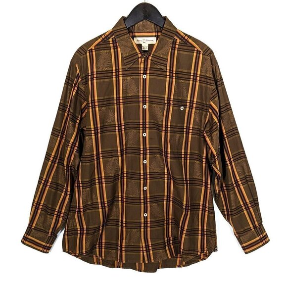 Tommy Bahama Loose Fit Plaid Button Down Shirt Mens Large Fall Browns Gold - Picture 1 of 6